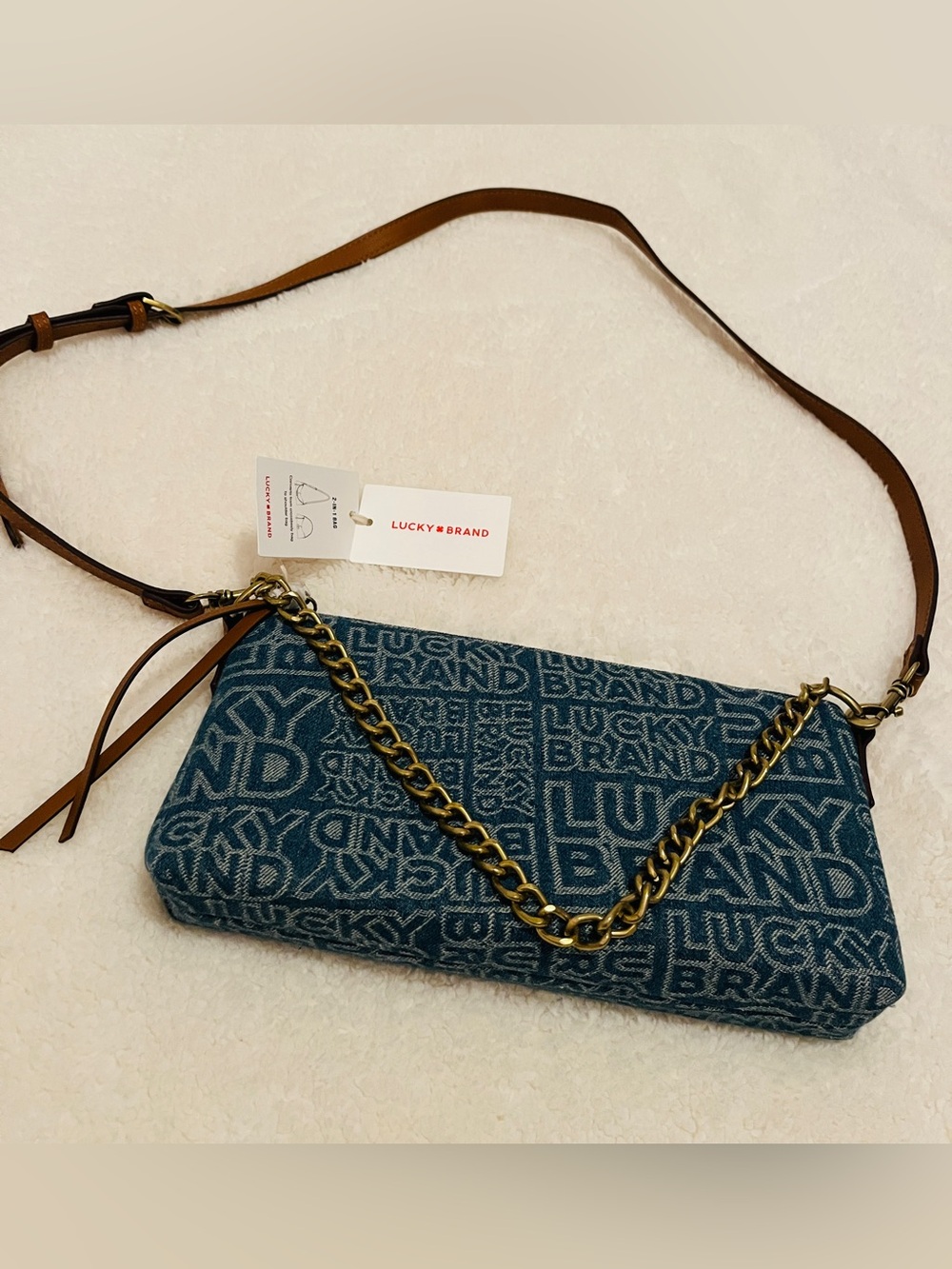 Lucky Brand Blue Jacquard Logo Crossbody with Brown Leather Strap